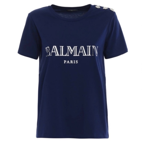 Balmain Tops - Balmain Silver Logo Button Navy Women’s Top